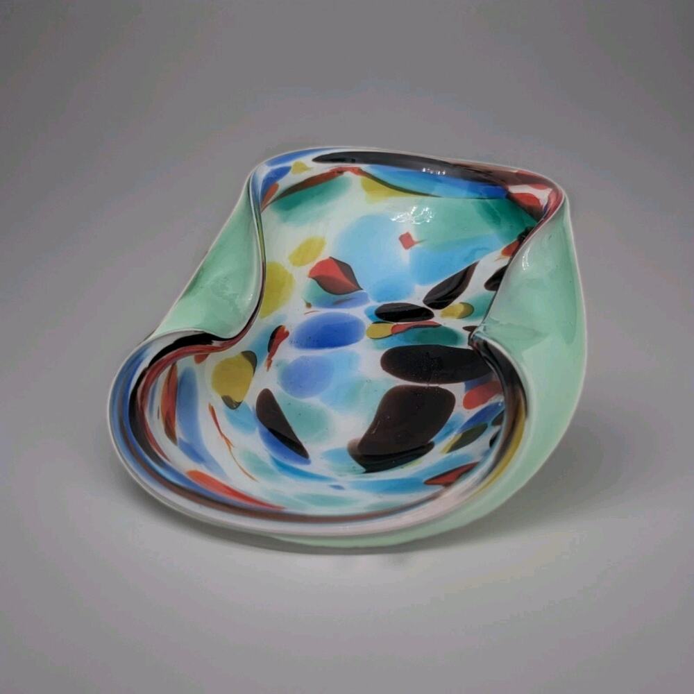 Murano Tutti Frutti Art Glass Bowl Ashtray Trinket Dish Aqua Vintage